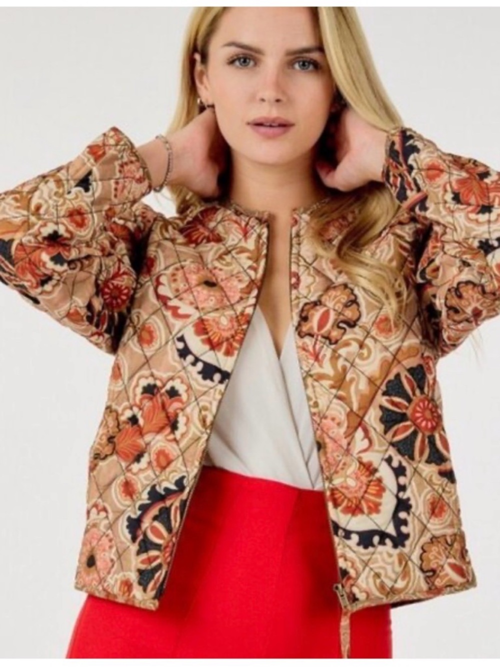 Floral Quilted Bomber Jacket - puff shoulder